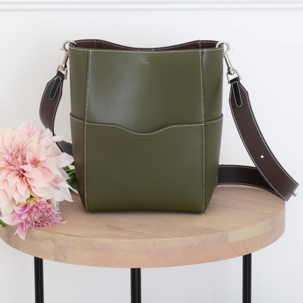 New Allyn Olive Green Leather Bucket Bag with 2 straps.